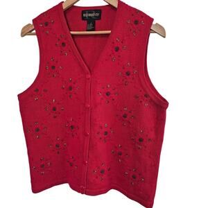 Vintage Christmas Sweater Vest Women SM Red Floral Beaded Granny Holiday Party